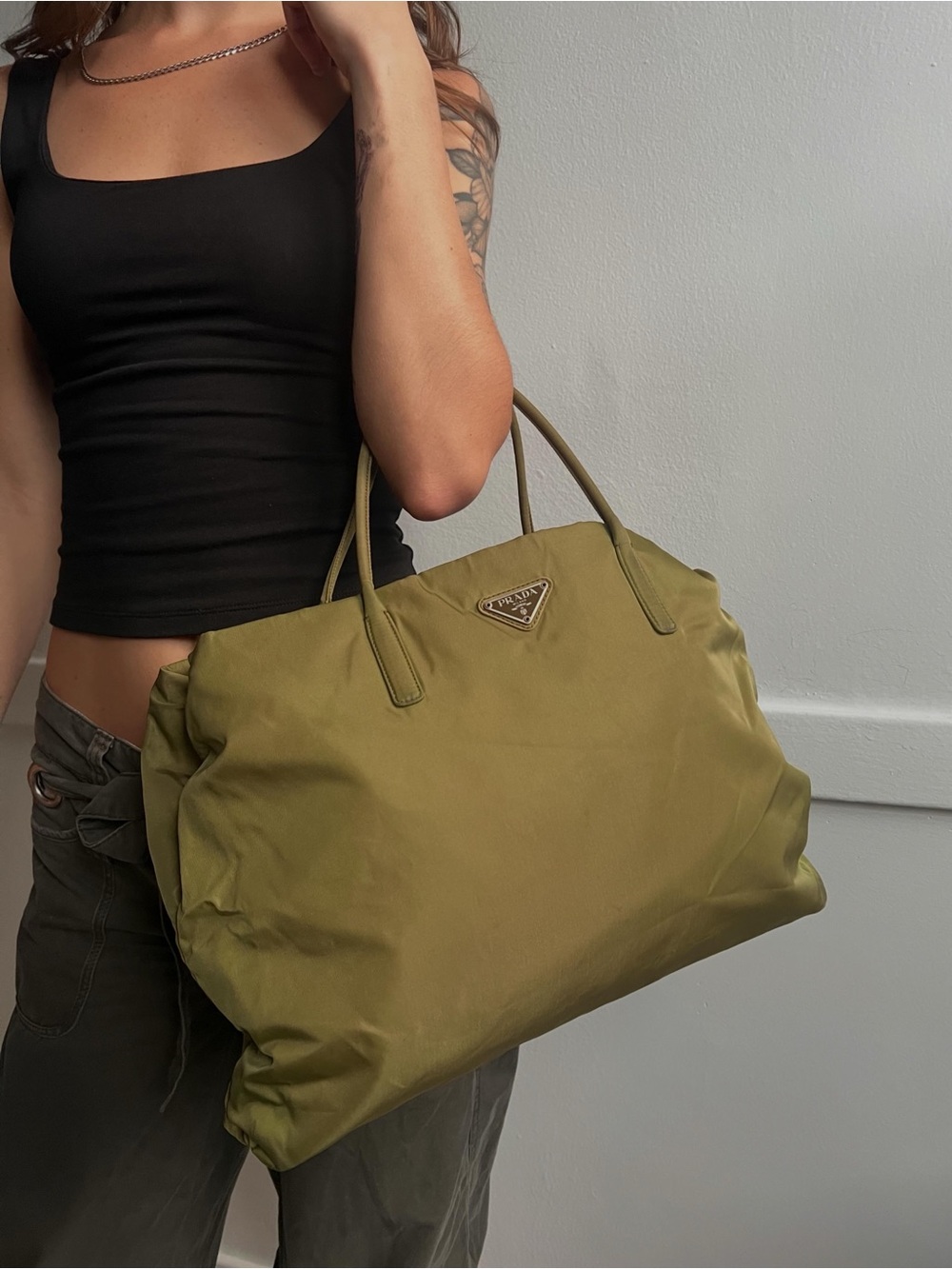 Prada Olive Nylon Top-Handle Tote with Logo Triangle